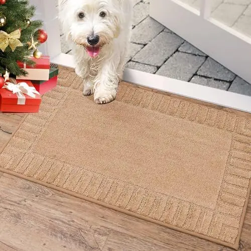 Produktbild: BEQHAUSE Fußmatte Innen, waschbare Sauberlaufmatte TPR rutschfeste Türmatte, Schmutzfangmatte für Haustür, super saugfähiger Fussmatte Teppich für Eingang, Haustiere und Hunde - Beige, 50x80cm