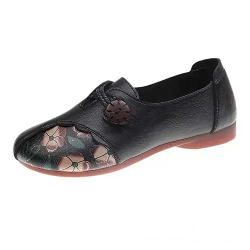 Produktbild: Bequem Riemchenpumps Damen Slingback Pumps Damenschuhe Ethno-Stil Lederschuhe Flacher Blumendruck Retro Einzelschuhe Freizeitschuhe Bequem Riemchenpumps Damen Slingback Pumps (Black, 39)