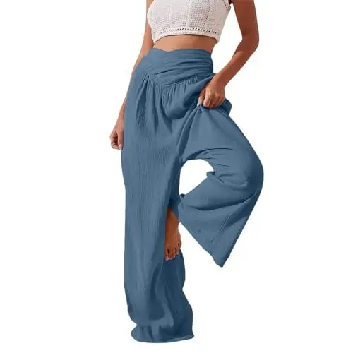 Produktbild: Bequeme Hosen Damen Mit Gummizug Schwarze Frauen Einfarbig Baumwolle Und Leinen Hosen Lose Hohe Taille Lässige Breite Bein Hosen Boho Strand Hosen 2024 Hose High Waist Damen Stoffhose Damen (Blue, S)