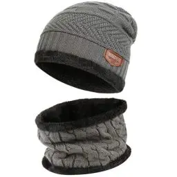 Produktbild: Bequemer Laden 2 Stücke Winter Beanie Mütze Schal Set Wolle Warme Strickmütze Dicke Fleecefutter Wintermütze & Schal für Herren und Damen, 1-Grau, Einheitsgröße