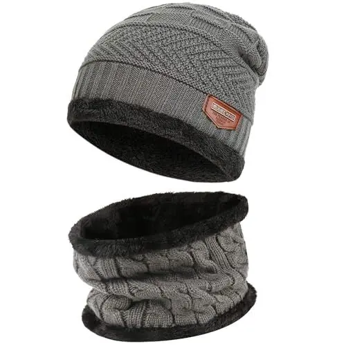 Produktbild: Bequemer Laden 2 Stücke Winter Beanie Mütze Schal Set Wolle Warme Strickmütze Dicke Fleecefutter Wintermütze & Schal für Herren und Damen, 1-Grau, Einheitsgröße