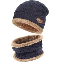 Produktbild: Bequemer Laden 2 Stücke Winter Beanie Mütze Schal Set Wolle Warme Strickmütze Dicke Fleecefutter Wintermütze & Schal für Herren und Damen, 1-Marine, Einheitsgröße