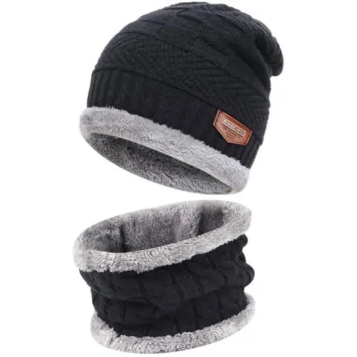 Produktbild: Bequemer Laden 2 Stücke Winter Beanie Mütze Schal Set Wolle Warme Strickmütze Dicke Fleecefutter Wintermütze & Schal für Herren und Damen, 1-Schwarz, Einheitsgröße