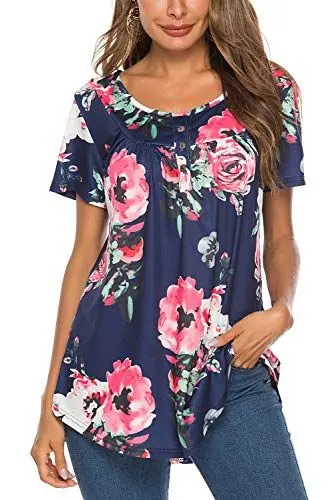 Produktbild: Bequemer Laden Damen Sommer Kurzarm Tshirt V-Ausschnitt Knopfleiste Bluse Lässig Locker Frühling Longshirt Elegant Einfarbig Blumen Tunika Oberteile Top Hemd, Y-Marine, M