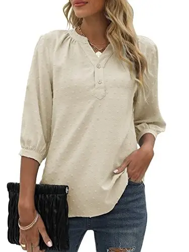 Produktbild: Bequemer Laden Damen V-Ausschnitt 3/4 Ärmel Bluse Knopfleiste Chiffon Tunika Casual Swiss Dot Oberteile Tshirt Tops für Sommer und Frühling 2023, Beige, L
