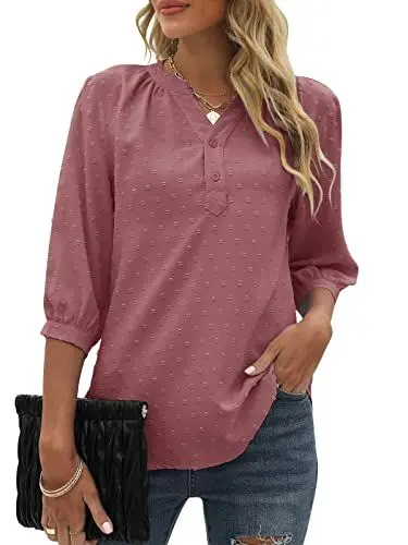 Produktbild: Bequemer Laden Damen V-Ausschnitt 3/4 Ärmel Bluse Knopfleiste Chiffon Tunika Casual Swiss Dot Oberteile Tshirt Tops für Sommer und Frühling 2023, Pink Rot, XL