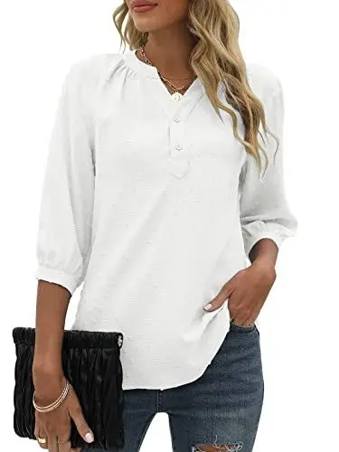 Produktbild: Bequemer Laden Damen V-Ausschnitt 3/4 Ärmel Bluse Knopfleiste Chiffon Tunika Casual Swiss Dot Oberteile Tshirt Tops für Sommer und Frühling 2023, Weiß, M