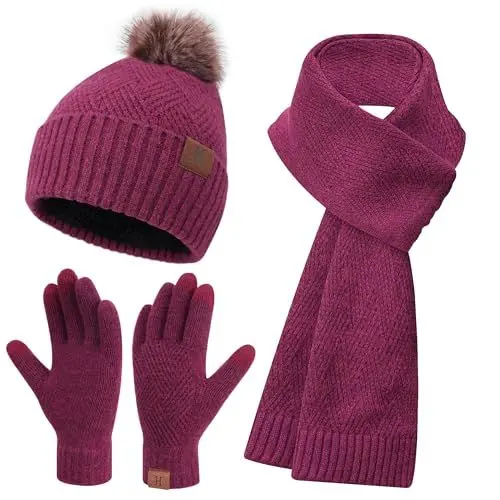 Produktbild: Bequemer Laden Damen Winter Warm Mütze Touchscreen Handschuhe und Lang Schal Set mit Dick Fleece Gefütterte, Thermo Wintermütze Strickmütze Beanie Schals Winterhandschuhe Strickhandschuhe, Rosarot
