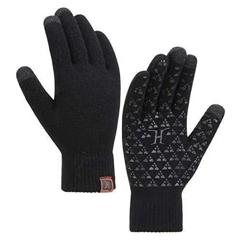 Produktbild: Bequemer Laden Damen Winter Warm Touchscreen Handschuhe Thermo Winterhandschuhe Winddicht Rutschfest Strickhandschuhe mit H-Form Offsetdruck Frauen Geschenk, Einheitsgröße, A Schwarz