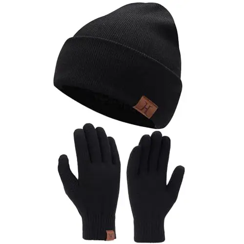 Produktbild: Bequemer Laden Herren Damen Winter Warm Beanie Mütze Touchscreen Handschuhe Set, Thermo Wintermütze Strickmütze Winterhandschuhe mit Fleece Gefüttert， Schwarz