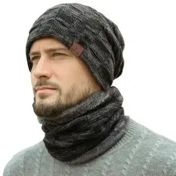 Produktbild: Bequemer Laden Herren Winter Warm Beanie Mütze und Loop Schal Set mit Fleece Gefütterte Thermo Wintermütze Strickmütze Mützen Schlauchschal Schals Geschenk Männer, Einheitsgröße, A Schwarz
