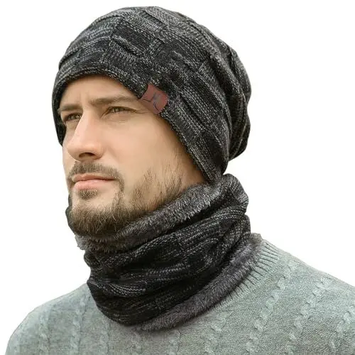 Produktbild: Bequemer Laden Herren Winter Warm Beanie Mütze und Loop Schal Set mit Fleece Gefütterte Thermo Wintermütze Strickmütze Mützen Schlauchschal Schals Geschenk Männer, Einheitsgröße, A Schwarz