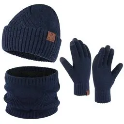 Produktbild: Bequemer Laden Herren Winter Warm Mütze Loop Schal und Touchscreen Handschuhe Set mit Fleece Gefütterte Thermo Wintermütze Strickmütze Schlauchschal Winterhandschuhe Geschenk für Männer, B Marine