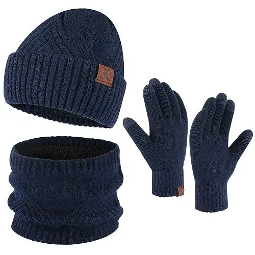 Produktbild: Bequemer Laden Herren Winter Warm Mütze Loop Schal und Touchscreen Handschuhe Set mit Fleece Gefütterte Thermo Wintermütze Strickmütze Schlauchschal Winterhandschuhe Geschenk für Männer, B Marine