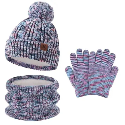 Produktbild: Bequemer Laden Kinder Winter Warm Beanie Mütze Handschuhe Loop Schal Set Wintermütze Strickmütze Schlauchschal Winterhandschuhe für 5-8 Jahre Mädchen Jungen, Rosa