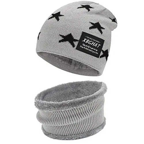 Produktbild: Bequemer Laden Kinder Winter Warm Mütze und Loop Schal Set mit Fleece Gefütterte für 3-8 Jahre Jungen Mädchen, Wintermütze Strickmütze Beanie Schlauchschal Halswärmer Geschenk Weihnachten, Z Hellgrau