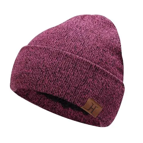 Produktbild: Bequemer Laden Winter Warm Beanie Mütze Thermo Wintermütze Strickmütze Rippe Gestrickt Mützen mit Fleece Gefütterte für Herren Damen, Rosenrot