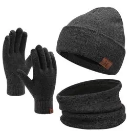 Produktbild: Bequemer Laden Wintermütze Herren Strickmütze, Rundschal, Touchscreen Handschuhe - Sets, Warme Handschuhe Winterschal und Mütze mit Fleecefutter, Dunkelgrau, Einheitsgröße