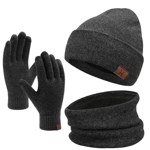 Produktbild: Bequemer Laden Wintermütze Herren Strickmütze, Rundschal, Touchscreen Handschuhe - Sets, Warme Handschuhe Winterschal und Mütze mit Fleecefutter, Dunkelgrau, Einheitsgröße