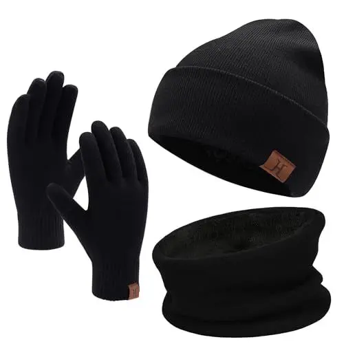 Produktbild: Bequemer Laden Wintermütze Herren Strickmütze, Rundschal, Touchscreen Handschuhe - Sets, Warme Handschuhe Winterschal und Mütze mit Fleecefutter, Schwarz, Einheitsgröße