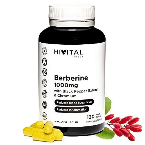 Produktbild: Berberin 1000 mg. 120 vegane Kapseln für für 2 Monate Behandlung. Natürlicher Extrakt aus Berberis Vulgaris mit Chrom und schwarzem Pfeffer zur Verbesserung der Aufnahme. Hergestellt von HIVITAL