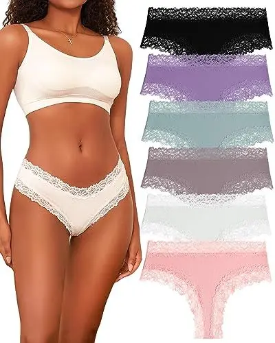 Produktbild: BeReady Baumwoll Unterwäsche Damen Unterhosen Damen Spitze Hipster Gerippte Brazilian Slip Sexy Atmungsaktiv Underwear Frauen Weich Pantys Mehrpack 6