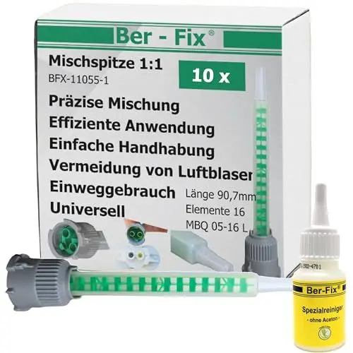 Produktbild: Ber-Fix 10er Statikmischer Set – Universelle Mischdüse mit M8Q05-16L-B System für 2K-Kleber – Inklusive 20ml Spezialreiniger