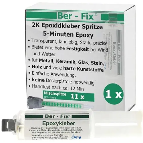 Produktbild: Ber-Fix 5 Min Epoxidharz Kleber 25g – Werkstatt-Großpackung mit 10 Mischdüsen für Holz, Metall & mehr
