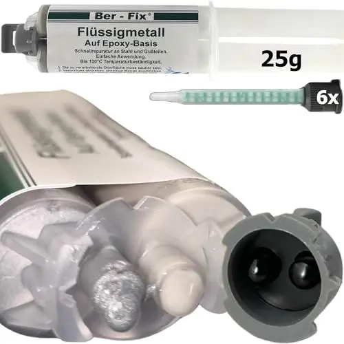 Produktbild: Ber-Fix 2K Flüssigmetall 25g + 6 Spitzen, hitzebeständig bis 120°C, starker Metallkleber & Metallspachtel, ideal für Metallreparaturen, schnelles Aushärten, vielseitig einsetzbar
