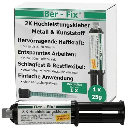 Produktbild: Ber-Fix 2K Kleber Kunststoff 25g Hochleistungskleber | 30 Min Aushärtung | Extra starker Kleber für Metall, PVC, GFK, Holz | Epoxidharz-frei | Auch als Kunststoff Spachtelmasse verwendbar
