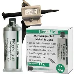 Produktbild: Ber-Fix 50g Flüssigmetall + Pistole + 10 Spitzen, hitzebeständig, 2 Komponenten Kleber, Metallkleber, Metallspachtel, 120°C