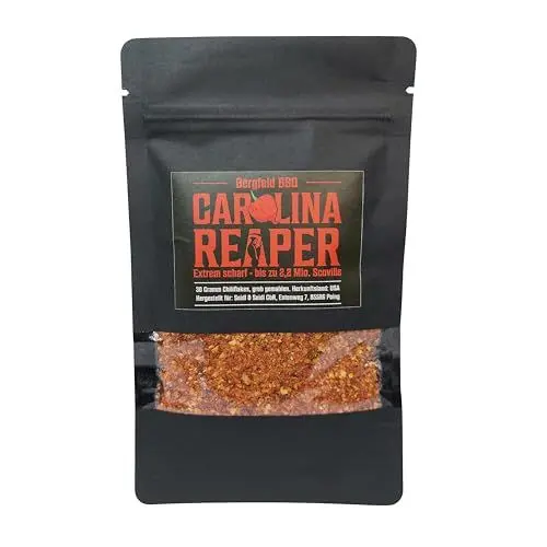 Produktbild: Bergfeld BBQ - Carolina Reaper Flocken 30g - bis zu 2,2 Mio. Scoville - die SCHÄRFSTE CHILI der Welt - Höllenscharf