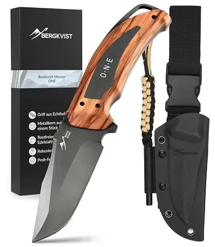 Produktbild: BERGKVIST® Bushcraft Messer ONE mit feststehender Full Tang Klinge (9,7 cm) - Mitführen in Deutschland erlaubt - Survival Messer für Outdoor mit Echtholz-Griff, Holster, Feuerstahl & mehr