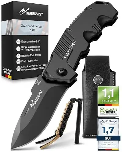 Produktbild: BERGKVIST® K10 Klappmesser (Zweihandmesser) - scharfes Taschenmesser für Outdoor & Survival mit Feuerstahl & Tasche - Mitführen in Deutschland erlaubt - Vollmetall