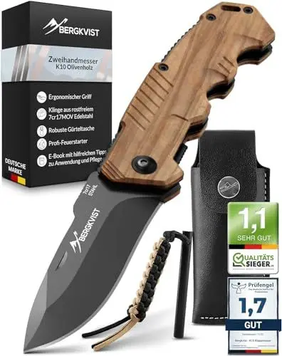 Produktbild: BERGKVIST® K10 Klappmesser (Zweihandmesser) - scharfes Taschenmesser für Outdoor & Survival mit Feuerstahl & Tasche - Mitführen in Deutschland erlaubt - Griff aus Olivenholz