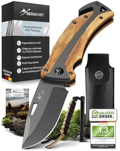 Produktbild: BERGKVIST® K30 Titanium Klappmesser (Zweihandmesser) - Mitführen in Deutschland erlaubt - 3-in-1 Taschenmesser für Outdoor, Camping & Survival mit Feuerstahl & Gürteltasche - Griff aus Olivenholz