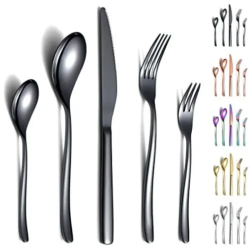 Produktbild: Berglander Besteck-Set schwarz 30-teilig, stabiles Edelstahl-Besteck-Set schwarz titanbeschichtet rostfrei, Gabeln und Löffel spülmaschinenfest