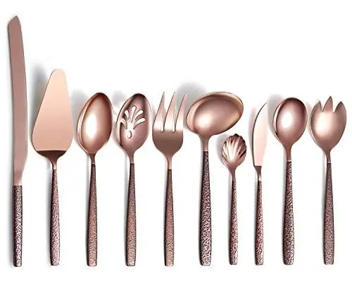 Produktbild: Berglander Besteck Servierset 10 Stück mit Mondoberfläche Griff und Roségold Mund Titanbeschichtung, Edelstahl Modernes Besteck Servierset Servierlöffel Servierutensilien