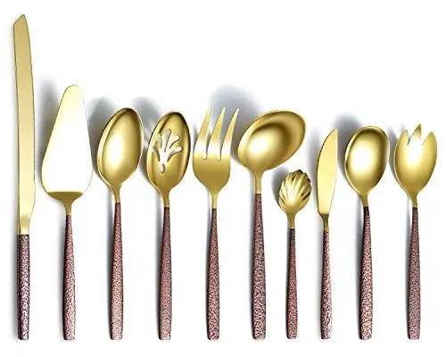 Produktbild: Berglander Besteck Servierset 10 Stück mit Mondoberfläche Griff und glänzendem Goldmund Titanbeschichtung, Edelstahl Modernes Besteck Servierset Servierlöffel Servierutensilien