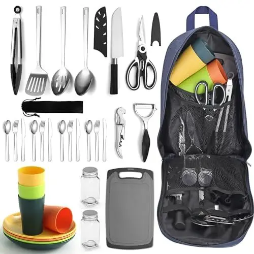 Produktbild: Berglander Camping-Essentials, Camping-Kochutensilien-Set, Campingzubehör-Ausrüstungs-Must-Haves, kommen mit Camping-Bestecksets, Tellern und Tassen, ideal für Outdoor-Kocher, Picknick, Grill