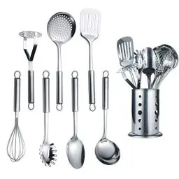 Produktbild: Berglander Edelstahl Kochset 7 teilig mit 1 Ständer, Kochlöffel-Set aus Edelstahl, geschlitztem Tuner, Schöpfkelle, Abschäumer, Servierlöffel, Pasta Server, Kartoffel-Mäher