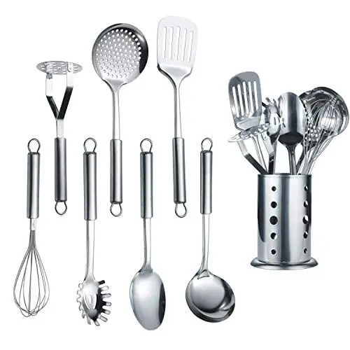 Produktbild: Berglander Edelstahl Kochset 7 teilig mit 1 Ständer, Kochlöffel-Set aus Edelstahl, geschlitztem Tuner, Schöpfkelle, Abschäumer, Servierlöffel, Pasta Server, Kartoffel-Mäher