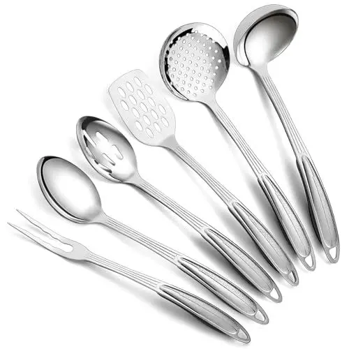 Produktbild: Berglander Edelstahl Küchenutensilien Set 6 teilig, Kochutensilien Sets, Küchenhelfer Essentials umfassen Metallspatel Set, Schaumlöffel, Schöpfkelle, Servierlöffel, Schaumlöffel, Tranchiergabel