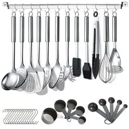 Produktbild: Berglander Küchenutensilien Set 38 teilig, Edelstahl Kochgeschirr Set, Küchenhelfer Kochgeschirr mit Utensilienhalter und Haken zum Aufhängen Spülmaschinenfest