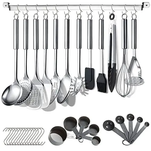 Produktbild: Berglander Küchenutensilien Set 38 teilig, Edelstahl Kochgeschirr Set, Küchenhelfer Kochgeschirr mit Utensilienhalter und Haken zum Aufhängen Spülmaschinenfest
