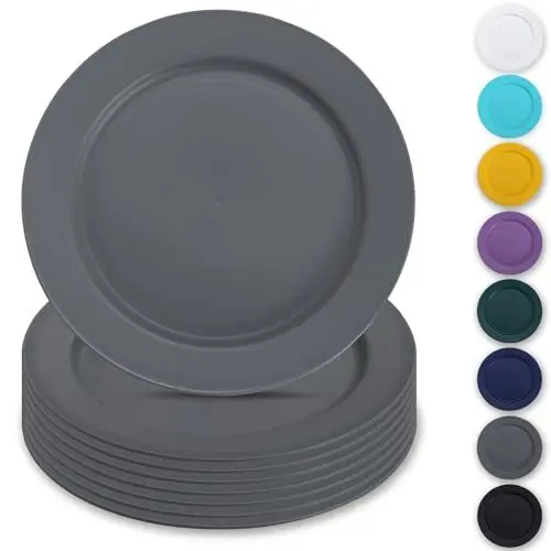Produktbild: Berglander Kunststoff teller Set mit 8 Stück 25cm, grau Mehrwegige flache Speiseteller, Salatteller, Nudelschalen, Geschirrset leicht zu tragen für Zuhause, Garten, Picknick, Camping, im Freien