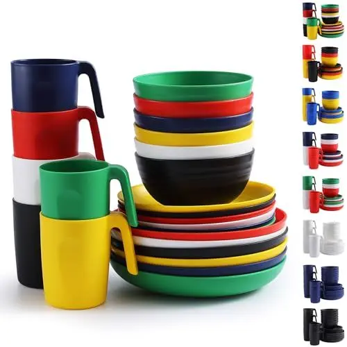 Produktbild: Berglander Plastikgeschirr-Sets 24-teiliger für 6 Personen, wiederverwendbare Teller und Schüsseln-Sets mit Speisetellern, Desserttellern, Müslischalen, Tassen für Zuhause, Garten, Picknick, Camping