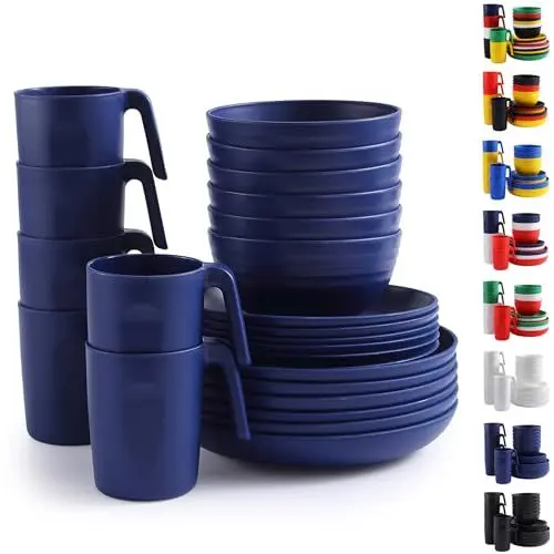 Produktbild: Berglander Plastikgeschirr Sets 24 teiliger für 6 Personen, EUR Blau Mehrweg Teller und Schüssel Sets mit Speisetellern, Desserttellern, Müslischalen, Tassen für Zuhause, Garten, Picknick, Camping