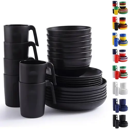 Produktbild: Berglander Plastikgeschirr aus schwarzem 24 teiliger für 6 Personen, wiederverwendbare Teller und Schüsseln mit Speisetellern, Desserttellern, Müslischalen, Tassen für Zuhause, Garten, Picknick