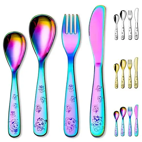 Produktbild: Berglander Regenbogen Kinderbesteck 4-teiliges Bunte Titanbeschichtung Kindergeschirr Set, Kindersichergabel und Löffel Flachgeschirr, Hochglanzpolierte glatte runde Kante, Spülmaschinensicherheit
